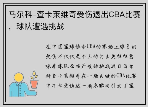 马尔科-查卡莱维奇受伤退出CBA比赛，球队遭遇挑战