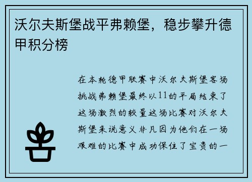 沃尔夫斯堡战平弗赖堡，稳步攀升德甲积分榜