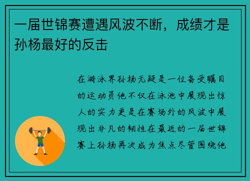 一届世锦赛遭遇风波不断，成绩才是孙杨最好的反击