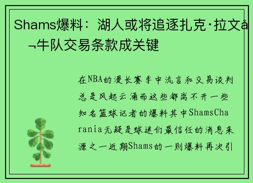 Shams爆料：湖人或将追逐扎克·拉文公牛队交易条款成关键