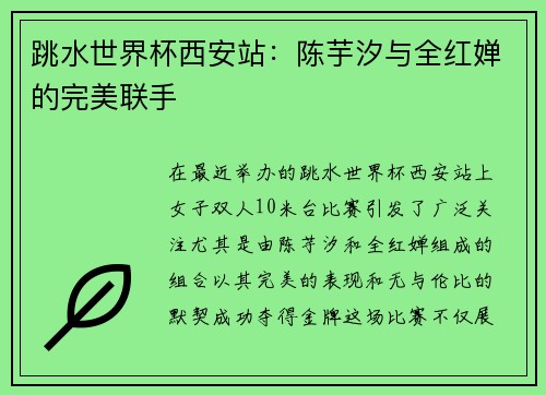 跳水世界杯西安站：陈芋汐与全红婵的完美联手