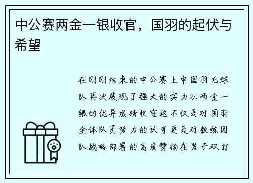 中公赛两金一银收官，国羽的起伏与希望